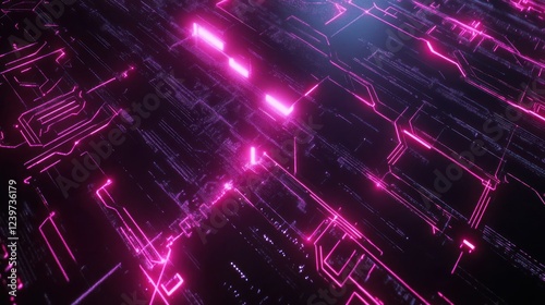 Futuristic Circuit Board Design with Glowing Pink Lines and Tech Pattern