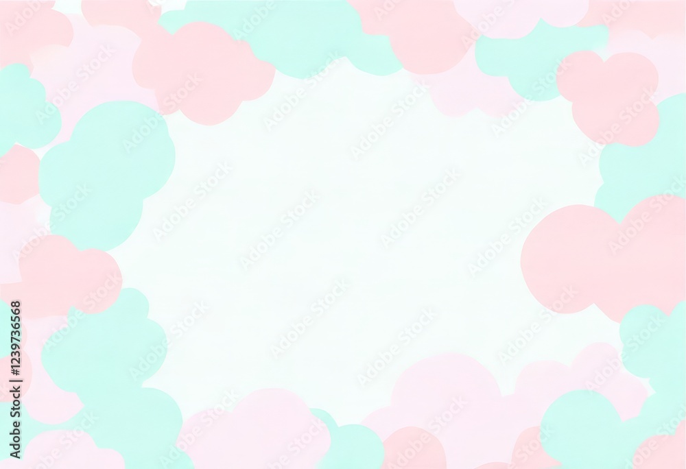 Ein verspielter Hintergrund mit rosa und mintgrünen Wolken, die einen weißen Bereich in der Mitte einrahmen – ideal für Grußkarten oder kreative Designs. Generative KI. Ein verspielter Hintergrund mit rosa und mintgrünen Wolken, die einen weißen Bereich in der Mitte einrahmen – ideal für Grußkarten oder kreative Designs. Generative KI.