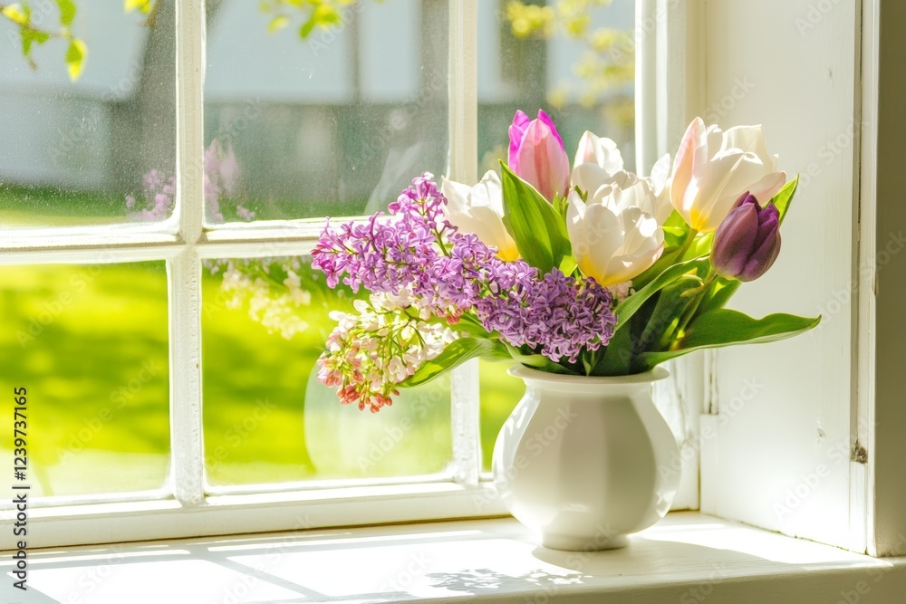 Fresh spring flowers in vase placed on a sunlit windowsill with a view of a green garden Fresh spring flowers in vase placed on a sunlit windowsill with a view of a green garden