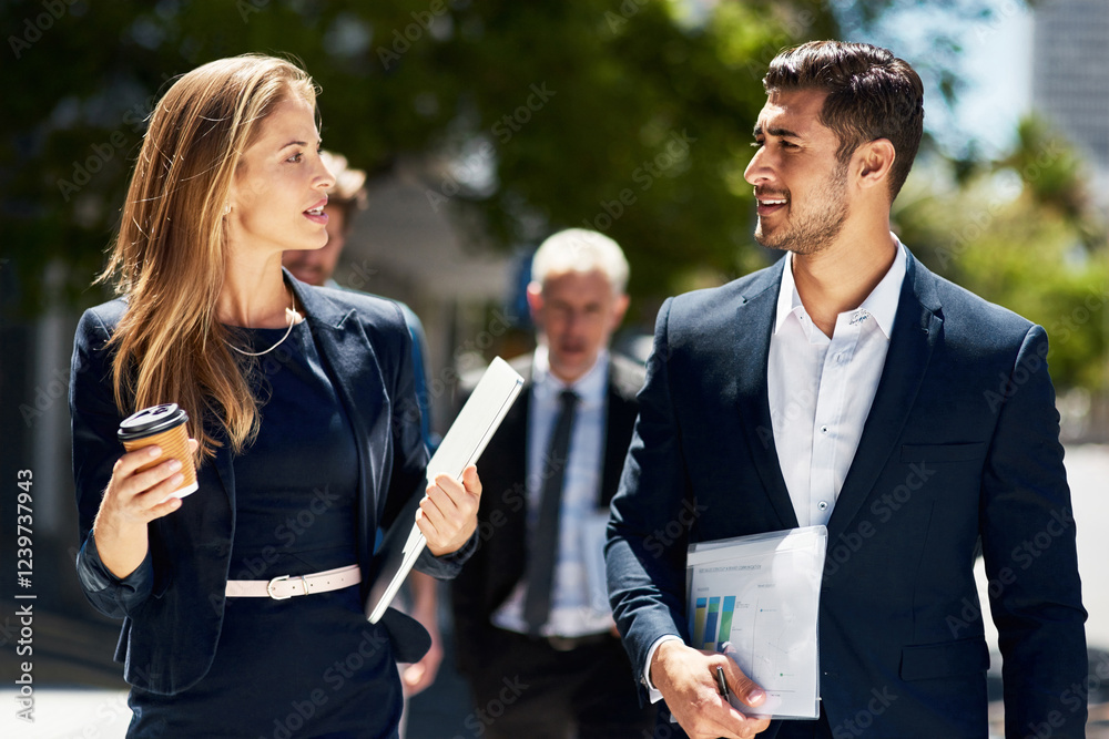 City, coffee and walking with business people outdoor for travel to work together in morning. Commute, conversation and planning with colleagues in urban town for collaboration or discussion