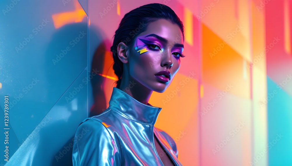 Obraz premium High-fashion portrait with geometric makeup ? embodying futuristic boldness ? ideal for avant-garde editorials, tech showcases, and themed fashion galas