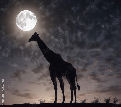 Giant giraffe silhouette against darkening sky with moon and stars,  landscape,  night,  large animals