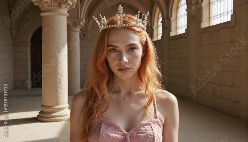 Illustration of a ginger haired princess with a crystal crown stands within a castle - dreams, fantasy, and power -  ideal for storybooks, themed parties and princess related marketing media photo