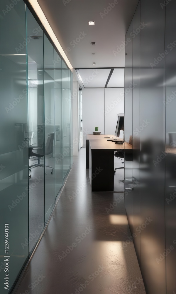 Glass-walled corridor with sleek desk and copyspace, modern architecture, office decor, indoor office Glass-walled corridor with sleek desk and copyspace, modern architecture, office decor, indoor office