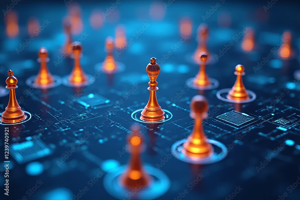 Chess pieces on digital board, showcasing strategy and technology Chess pieces on digital board, showcasing strategy and technology