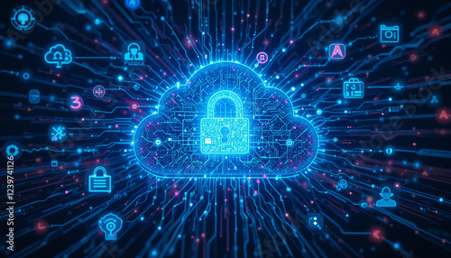 Cloud computing with digital lock symbolizing data security and protection