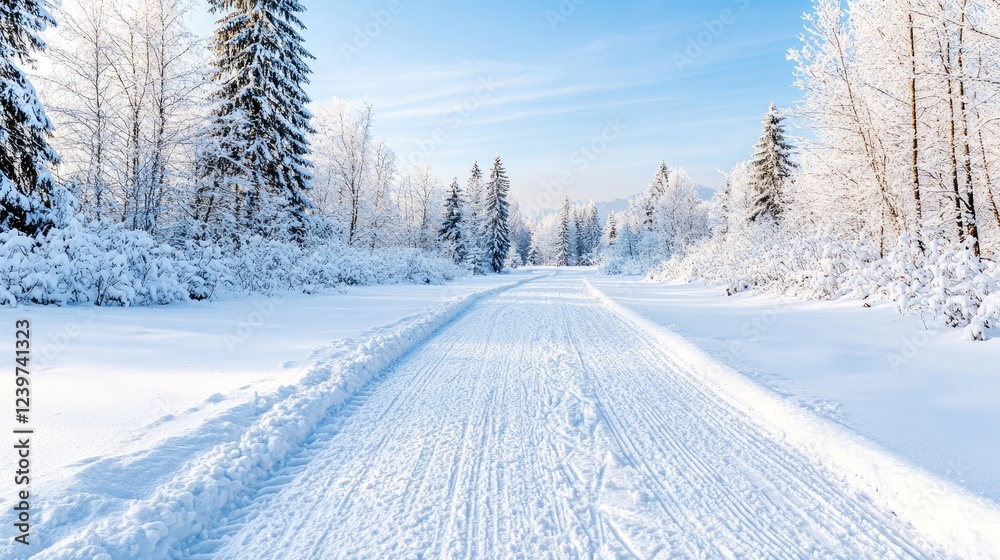 Snowy forest trail, winter landscape, sunny day, cross-country skiing Snowy forest trail, winter landscape, sunny day, cross-country skiing