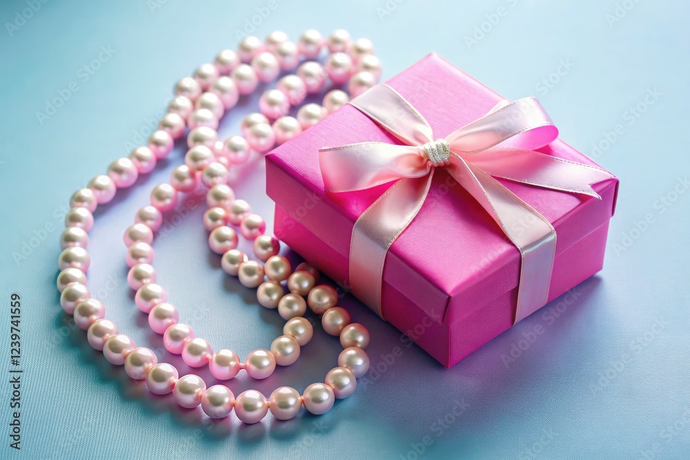 Aerial shot: minimalist pink gift box unveils a delicate pearl necklace; luxury redefined. Aerial shot: minimalist pink gift box unveils a delicate pearl necklace; luxury redefined.