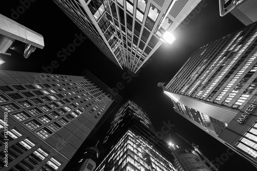 Majestic skyscrapers pierce the night sky, their illuminated windows creating a captivating urban spectacle.
