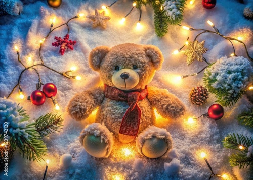 Aerial shot: twinkling teddy bear lights illuminate a charming Christmas scene.