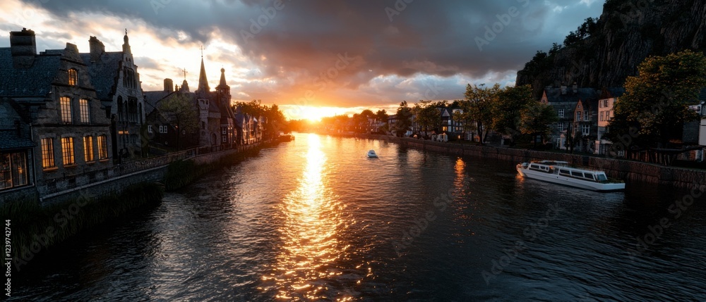 Fototapeta premium Golden Sunset over Tranquil European River Town with Boats