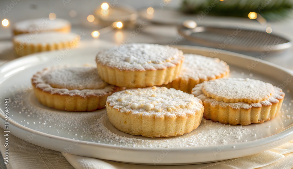 Powdered sugar tarts on festive white plate Powdered sugar tarts on festive white plate