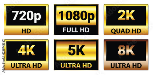 Set illustration of gold and black display resolution badges, showcasing various video qualities including 720p HD, 1080p Full HD, 2K Quad HD, 4K Ultra HD, 5K Ultra HD, and 8K Ultra HD. Ideal for use 