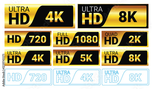 Set illustration of gold and black labels displaying various screen resolutions, including HD, 720p, Full HD 1080p, Quad HD 2K, Ultra HD 4K, 5K, and 8K. The image includes both bold designs