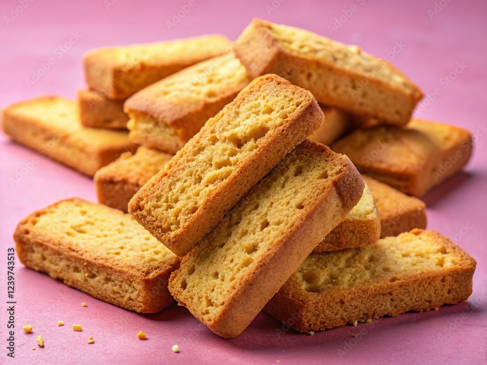 Homemade Indian Cake Rusk | Dry Biscuits Isolated on Pink Background Homemade Indian Cake Rusk | Dry Biscuits Isolated on Pink Background
