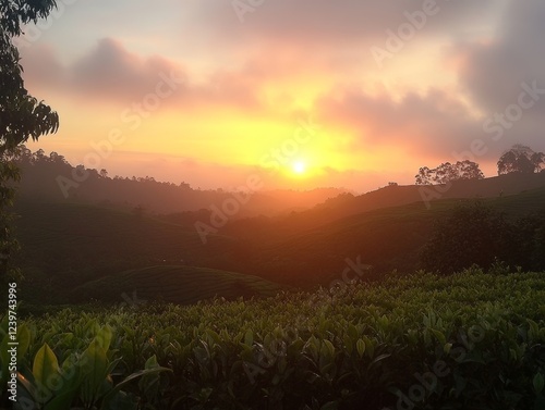 Beautiful sunrise view at Tea Plantation, Cameron Highland.  - ai photo