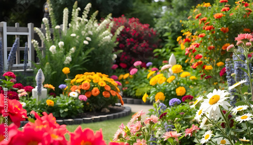 Wallpaper Mural A breathtaking garden filled with vibrant, colorful flowers in full bloom, surrounded by lush greenery and towering trees. A winding stone path leads through the garden, with butterflies fluttering an Torontodigital.ca