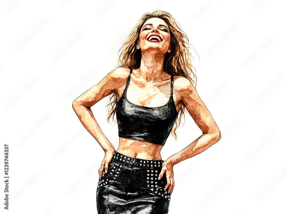 Beautiful woman laughing up to the sky, model posing in studio, full of confidence and heroic, isolated on white, watercolor illustration, 300dpi Beautiful woman laughing up to the sky, model posing in studio, full of confidence and heroic, isolated on white, watercolor illustration, 300dpi
