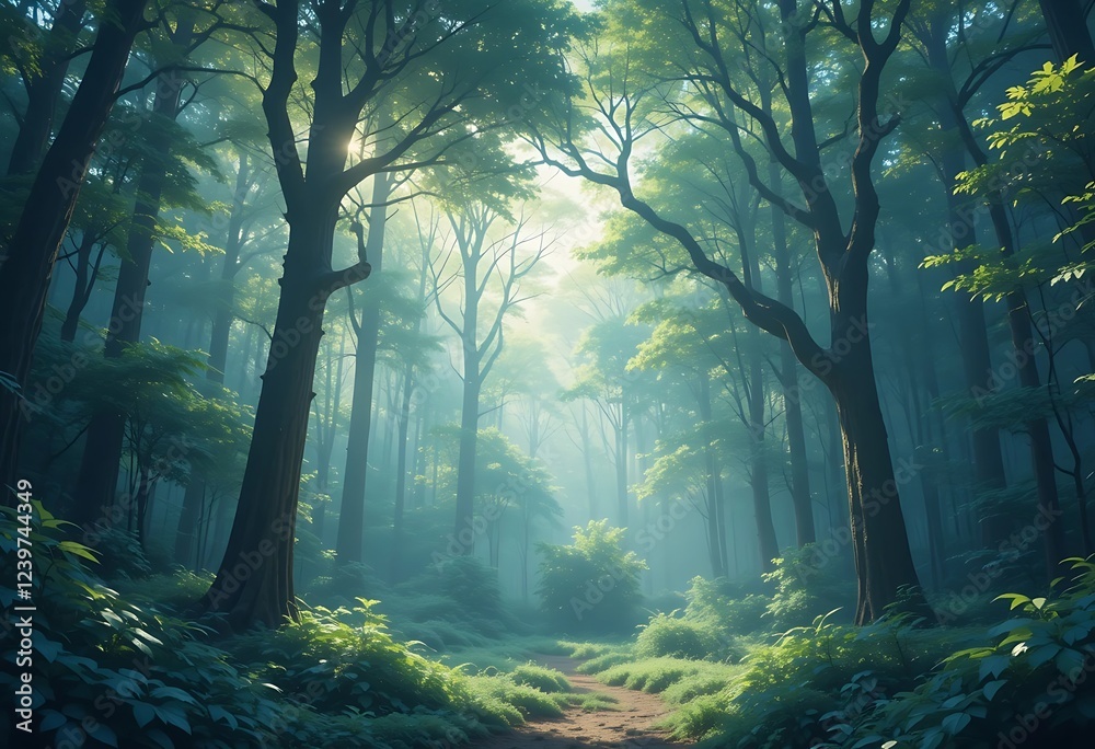 Obraz premium Sunlit Path Through A Misty Green Forest