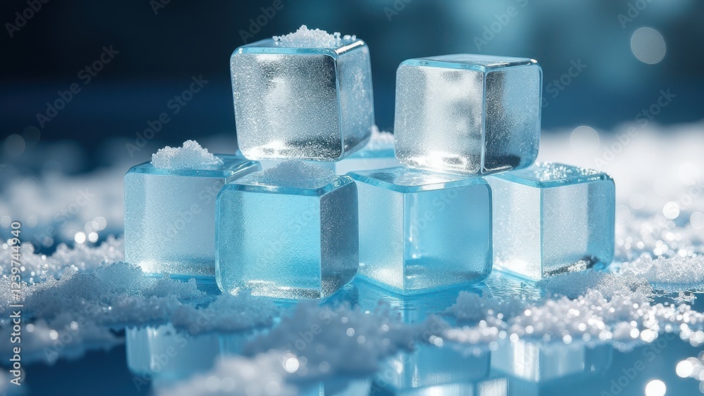 Close-up of melting ice cubes with water droplets on a reflective blue surface Close-up of melting ice cubes with water droplets on a reflective blue surface