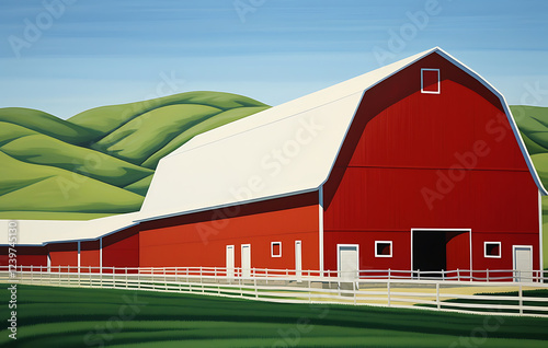 A barn in a rural pasture, surrounded by green grass and a blue sky with clouds. This photo captures a quiet abandoned farm building. photo