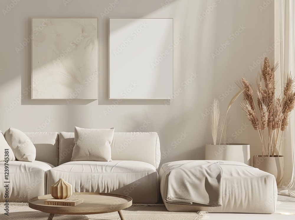 Naklejka premium Minimalist living room interior with beige sofa. coffee table. and two framed canvases on the wall