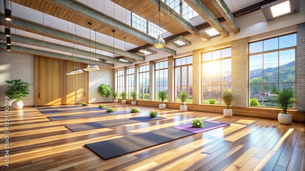 Aerial view: Spacious yoga studio bathed in natural light, showcasing a wide wooden floor and ample windows. Aerial view: Spacious yoga studio bathed in natural light, showcasing a wide wooden floor and ample windows.