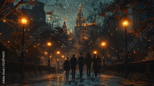 Enchanting Evening Walk in Mystical Urban Park with Illuminated Gothic Architecture and Starry Night Sky in Tranquil Cityscape Settingsilhouette