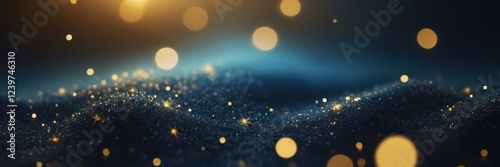 Dark blue gradient transitions to glowing bokeh lights, dreamy festive atmosphere.