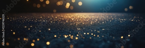 Dark blue gradient transitions to glowing bokeh lights, dreamy festive atmosphere.