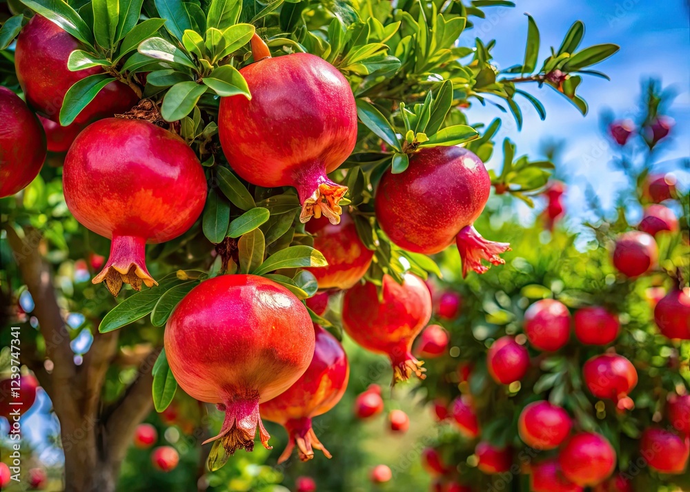 Candid photos capture the pomegranate's life cycle: vibrant blossoms yielding succulent, ruby-red fruit. Candid photos capture the pomegranate's life cycle: vibrant blossoms yielding succulent, ruby-red fruit.