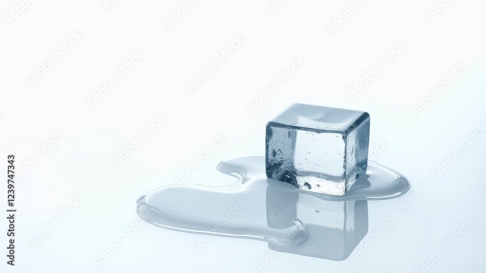 Single melting ice cube with water puddle on a reflective white surface Single melting ice cube with water puddle on a reflective white surface