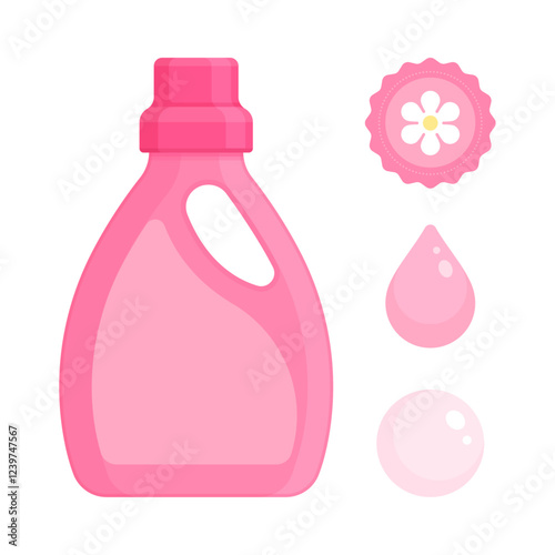 Set of pink soap and fabric softener bottle with water drop, bubble, flower icons. Laundry, cleaning, and hygiene product concept. Flat vector illustration isolated on white background with copy space