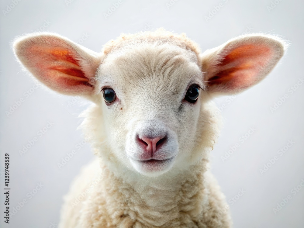 Fototapeta premium A fluffy white lamb, captured in macro detail, presents a charming spring farm animal portrait.