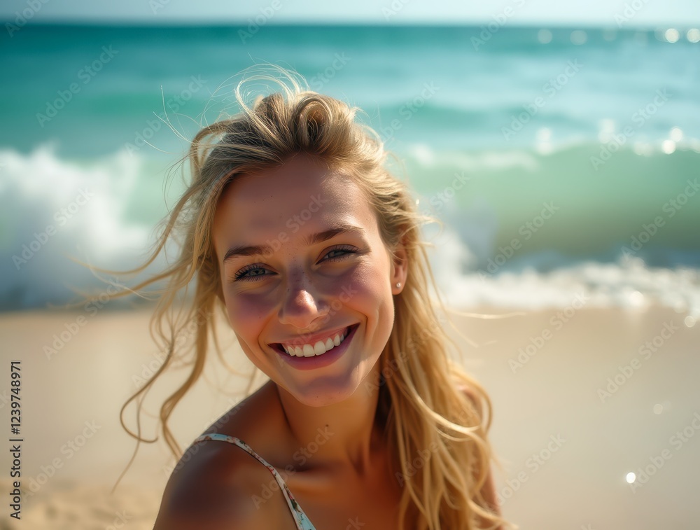 Blonde Woman Smiling on Tropical Beach with Ocean Waves Blonde Woman Smiling on Tropical Beach with Ocean Waves