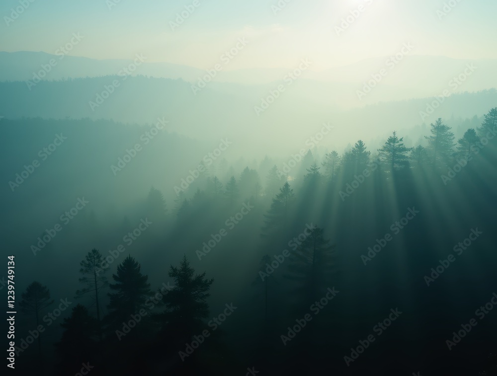 Obraz premium Sun rays illuminating misty forest landscape in the morning