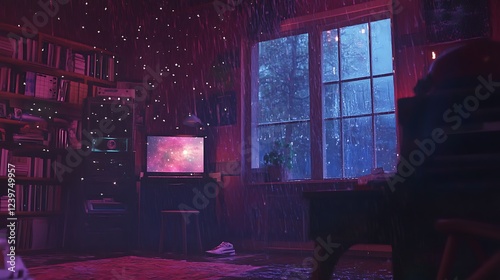 Wallpaper Mural A Rainy Night in a Room with a View of a Galaxy on a Computer Screen Torontodigital.ca