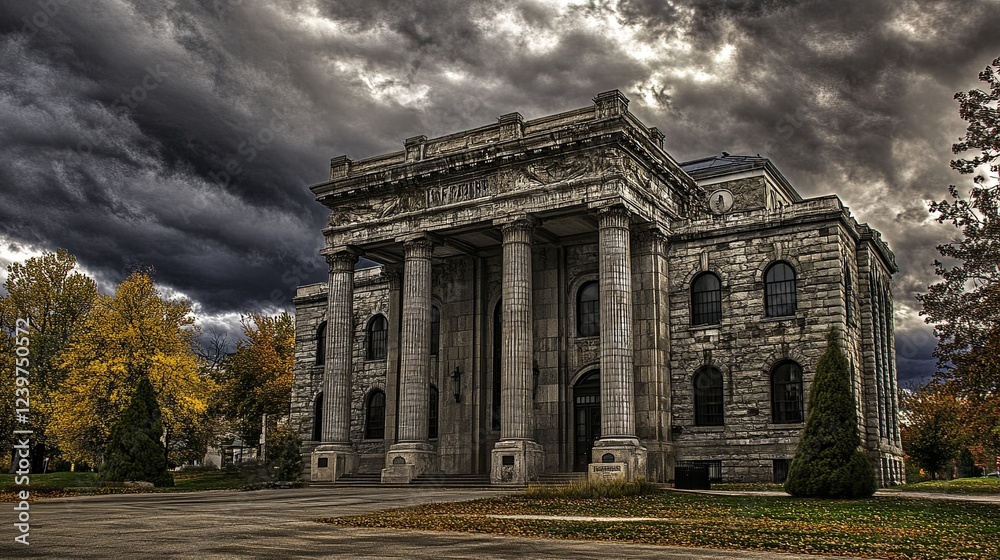 Fototapeta premium Grand Courthouse with Towering Stone Columns and Dramatic Dark Clouds, Highlighting the Building's Solemnity and Importance