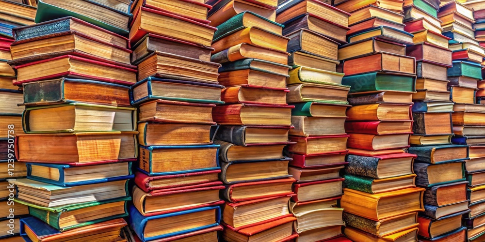 Aged books create a captivating panoramic backdrop, suggesting education, literature, and a love of reading.