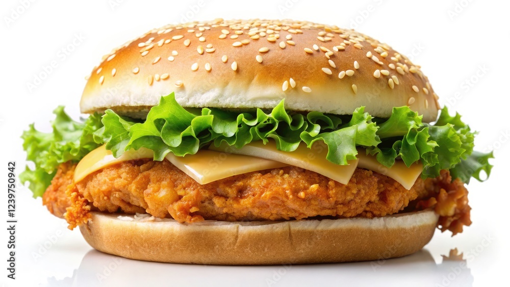 Delicious fast food: A juicy chicken burger in high-resolution PNG, isolated on a white background. Delicious fast food: A juicy chicken burger in high-resolution PNG, isolated on a white background.
