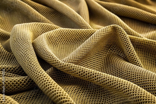 Detailed khaki mesh fabric, high-resolution image showcasing textured waves close-up.