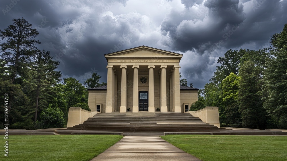 Obraz premium Dramatic Courthouse Exterior with Towering Stone Columns and Grand Entrance Under Dark Clouds, Emphasizing Solemnity and Importance
