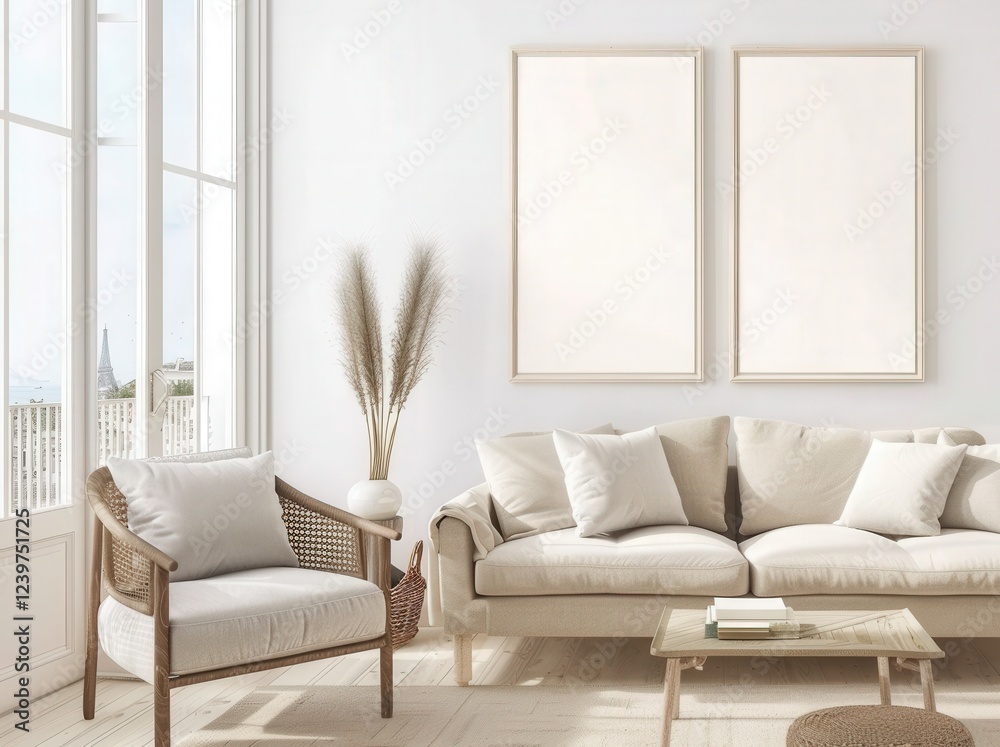 Fototapeta premium Minimalist living room with a beige sofa. armchair. and two empty picture frames