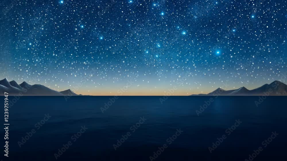 Starry night sky over calm ocean with distant mountains in the background during twilight Starry night sky over calm ocean with distant mountains in the background during twilight