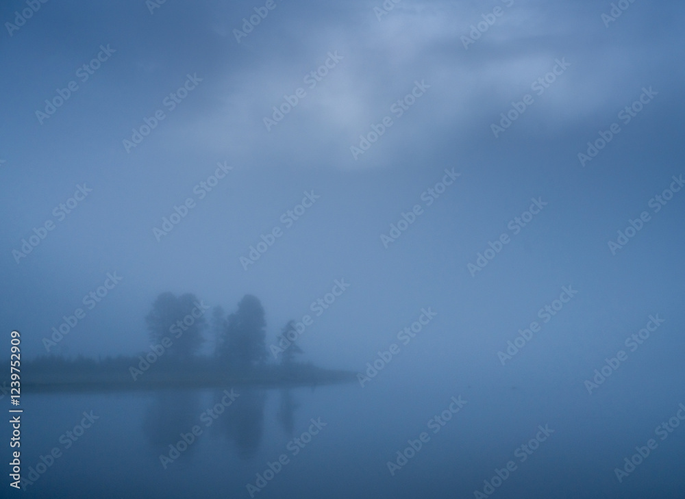 Fototapeta premium Fog Obscures Small Strip Of Land Along Yellowstone River