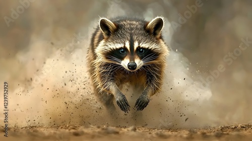 Powerful and dynamic image of a raccoon emerging from a smoky haze its fur covered in ash capturing the intensity and drama of the animal s movement and survival instincts in a natural wild setting