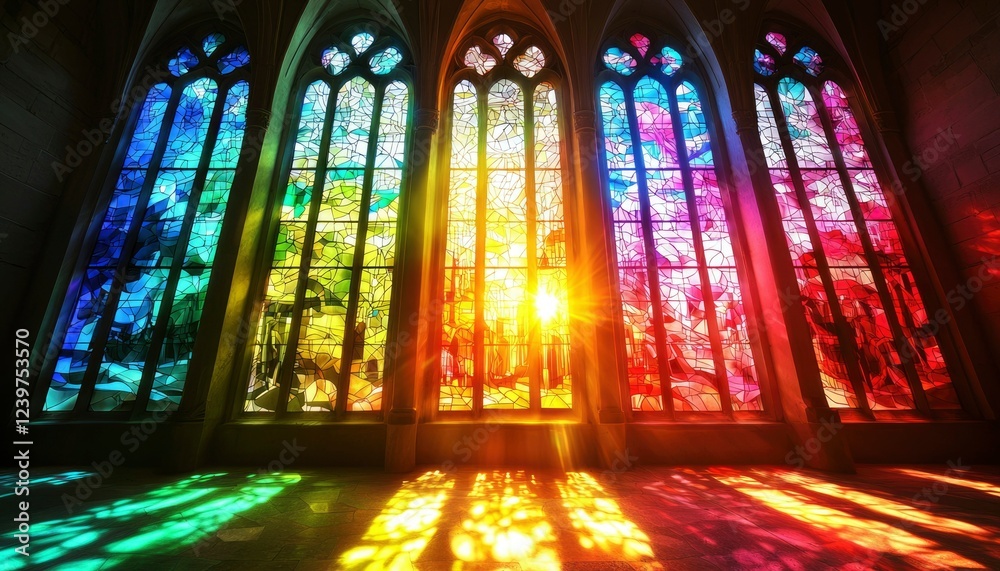 Obraz premium Rainbow Stained Glass Windows Illuminating A Cathedral Interior