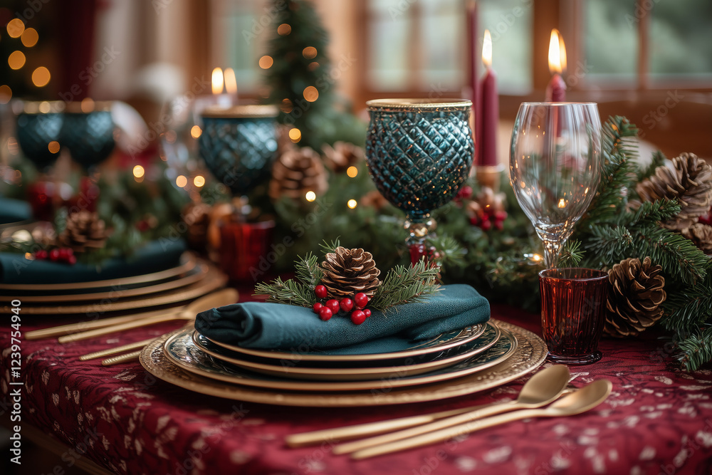 Elegant Christmas Dining Setup with Red Tablecloth, Gold Flatware, Green Napkins, and Candle Centerpiece Surrounded by Holly and Pinecones for Festive Celebration Elegant Christmas Dining Setup with Red Tablecloth, Gold Flatware, Green Napkins, and Candle Centerpiece Surrounded by Holly and Pinecones for Festive Celebration