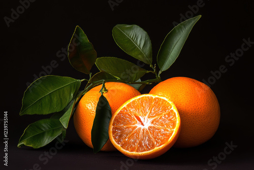 A striking image of fresh oranges, one sliced open, showcasing its juicy interior alongside its whole counterparts, accentuated by lush green leaves against a dark backdrop. photo