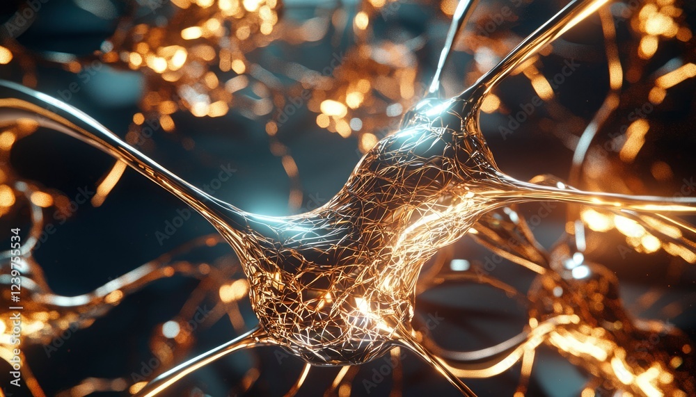 Fototapeta premium Golden Neuron Network Cellular Structure Illuminated